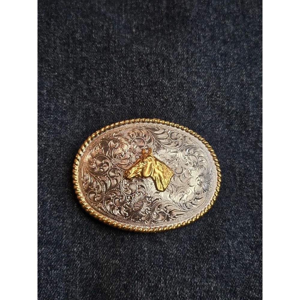 Vintage Nocona Silver Gold Horse Stallion Western Belt Buckle Rodeo